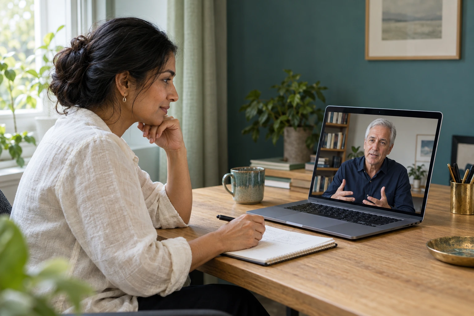 Illustrative private online coach training, with a learner taking notes during a one-on-one video call.